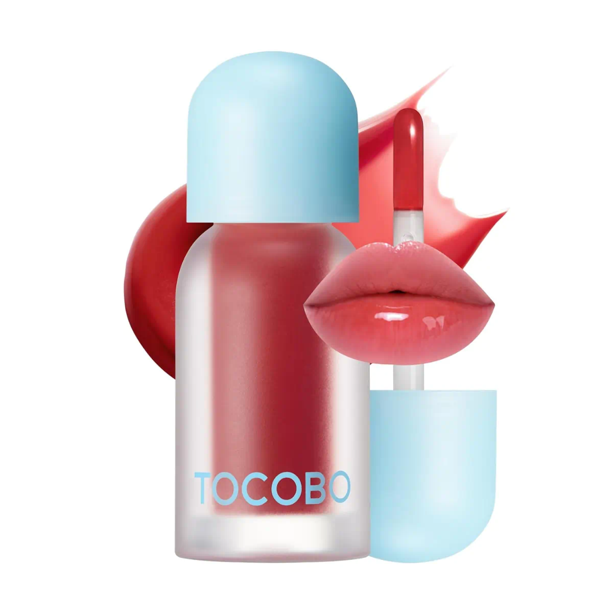 TOCOBO Juicy Berry Plumping Lip Oil with silicone applicator and glossy lip swatch