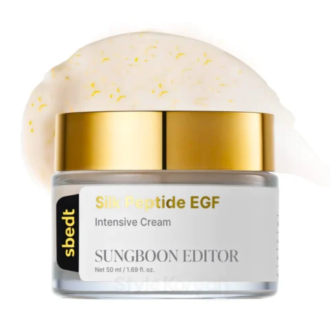 SUNGBOON EDITOR Silk Peptide EGF Intensive Cream jar with cream texture swatch
